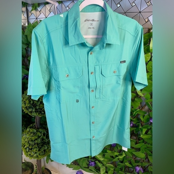 NWT Eddie Bauer Men's Woven Tech Shirt Starling Turquoise Size Small Button Up - Picture 2 of 14